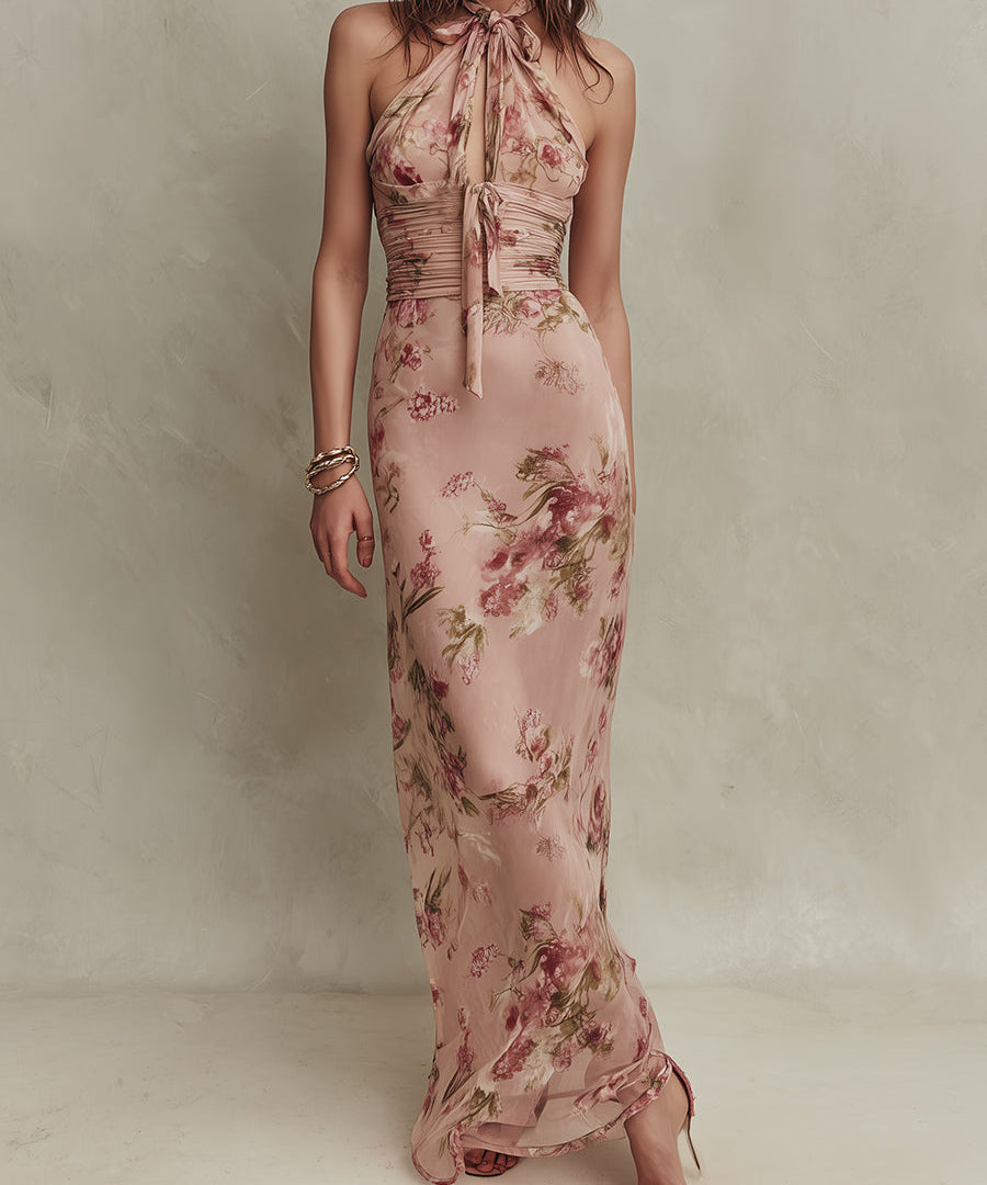 Lia - Elegant Floral Print Chiffon Maxi Dress with Keyhole Neckline