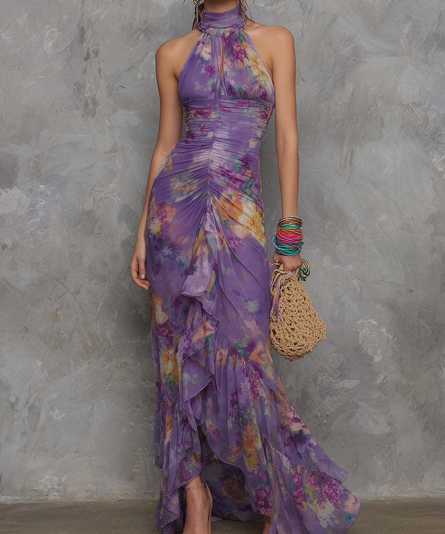 Anna - Elegant Purple Floral Chiffon Halter Maxi Dress