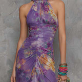 Anna - Elegant Purple Floral Chiffon Halter Maxi Dress