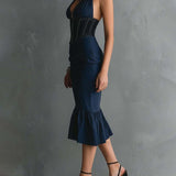 Christine - Elegant Halter Zipper Ruched Midi Dress