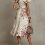 Albas - Elegant Retro Floral Satin Midi Dress