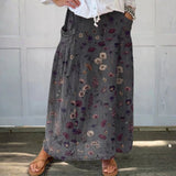 Women's  Flower Art  Print   Linen Pocket Skirt