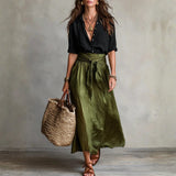 Vera - Two-Piece Set: Black T-Shirt and Olive Green Midi Skirt