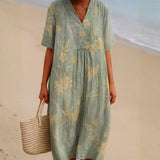 Clementina - Blue-Grey Dress with Floral Embroidery