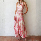Katty - Pink Floral Chiffon Pleated Print Sleeveless Midi Dress
