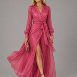Beatrice | Elegáns Chiffon V-nyakú Kötős Derékú Hosszú Ruha