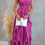 Vestido maxi con escote halter y volantes de caída fluida