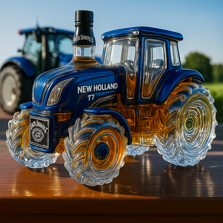 Klasszikus whisky palack traktor New Holland T7 formájában