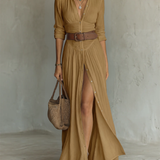OLIVIA | Vestido Maxi Largo para Mujer con Cuello de Solapa Notch y Mangas Largas en Lino