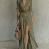 OLIVIA | Vestido Maxi Largo para Mujer con Cuello de Solapa Notch y Mangas Largas en Lino