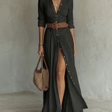 OLIVIA | Vestido Maxi Largo para Mujer con Cuello de Solapa Notch y Mangas Largas en Lino