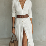 OLIVIA | Vestido Maxi Largo para Mujer con Cuello de Solapa Notch y Mangas Largas en Lino