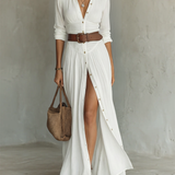 OLIVIA | Vestido Maxi Largo para Mujer con Cuello de Solapa Notch y Mangas Largas en Lino