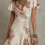 Albas - Elegant Retro Floral Satin Midi Dress