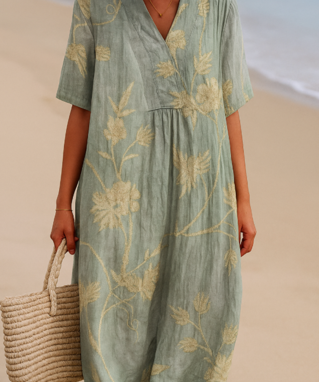 Clementina - Blue-Grey Dress with Floral Embroidery