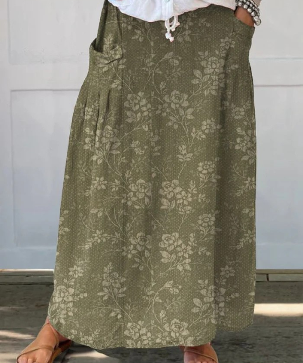 Women's Vintage Floral Linen Elastic waistband Pocket Skirt