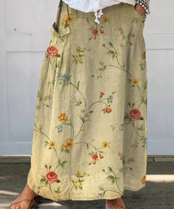 Women's Retro Elegant Floral Art Linen Elastic waistband Pocket Skirt