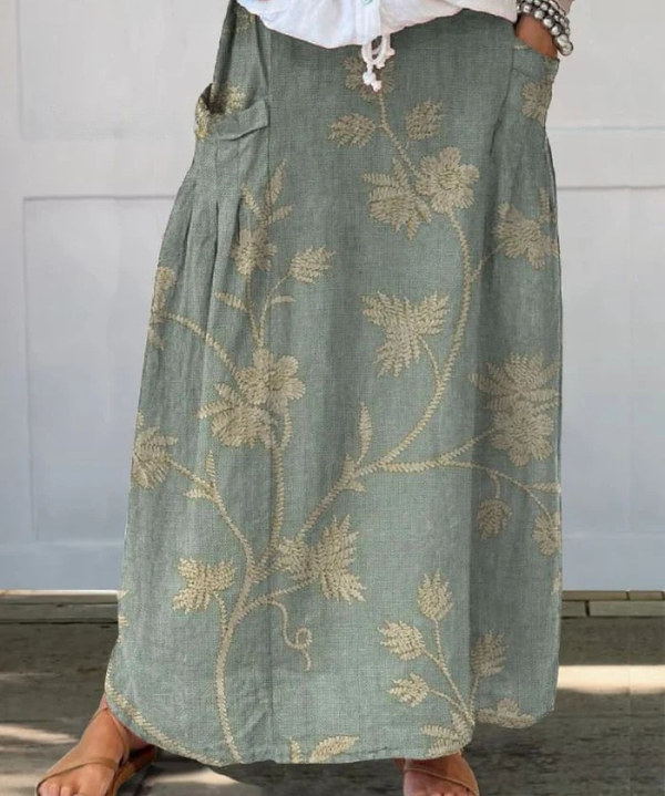 Women's Retro Elegant Floral Art Linen Elastic waistband Pocket Skirt