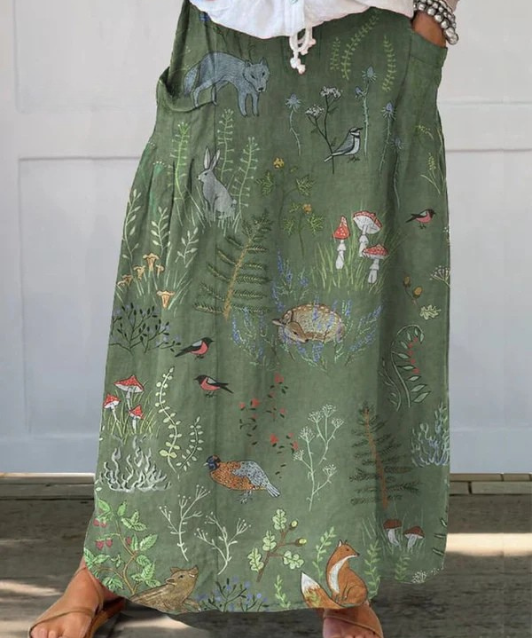 Woodland And Animals Pattern Printed Women's Linen Pocket Skirt