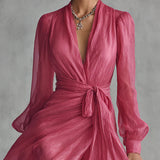 Beatrice | Elegáns Chiffon V-nyakú Kötős Derékú Hosszú Ruha