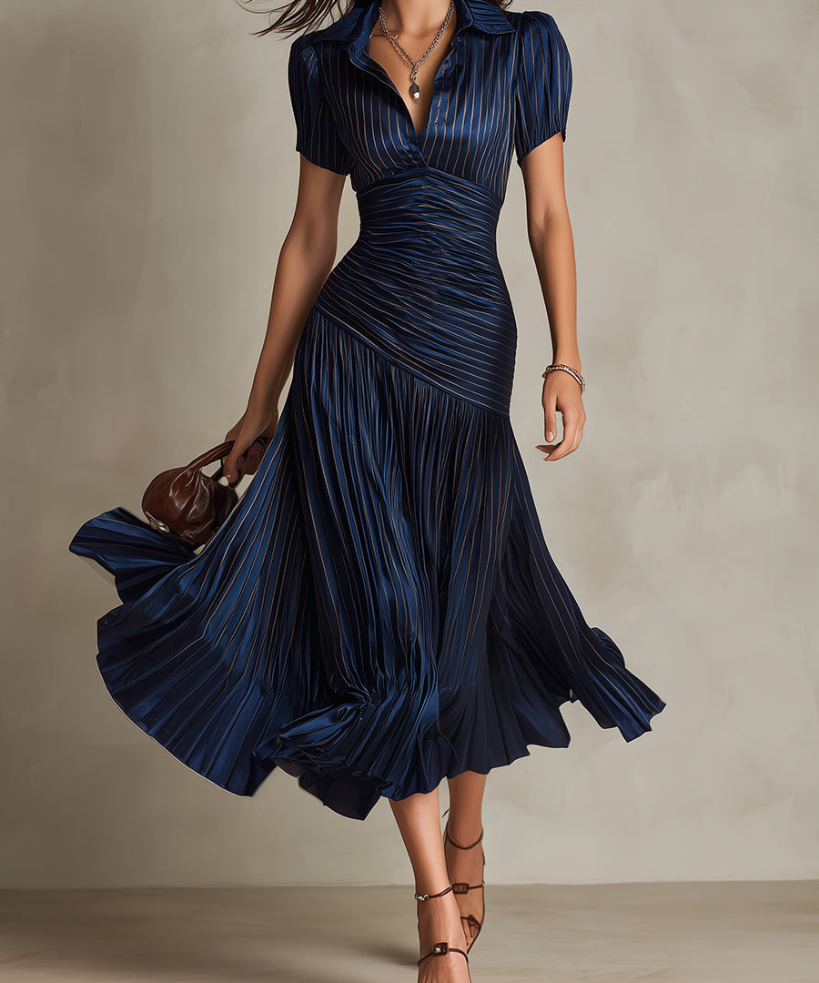 Donna - Striped Shirt Collar Midi Dress