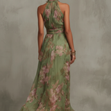 Serena ∙ Hosszú zöld virágos chiffon ruha amerikai dekoltázzsal