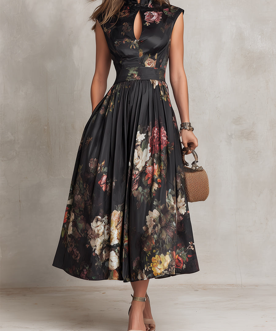 Sarah - Floral Keyhole Pleated Midi Dress