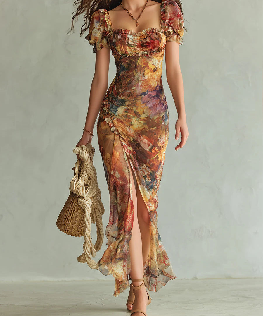 Viola - Long orange chiffon dress with bohemian-style oil painting print