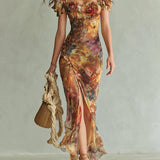 Viola - Long orange chiffon dress with bohemian-style oil painting print