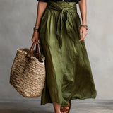 Vera - Two-Piece Set: Black T-Shirt and Olive Green Midi Skirt