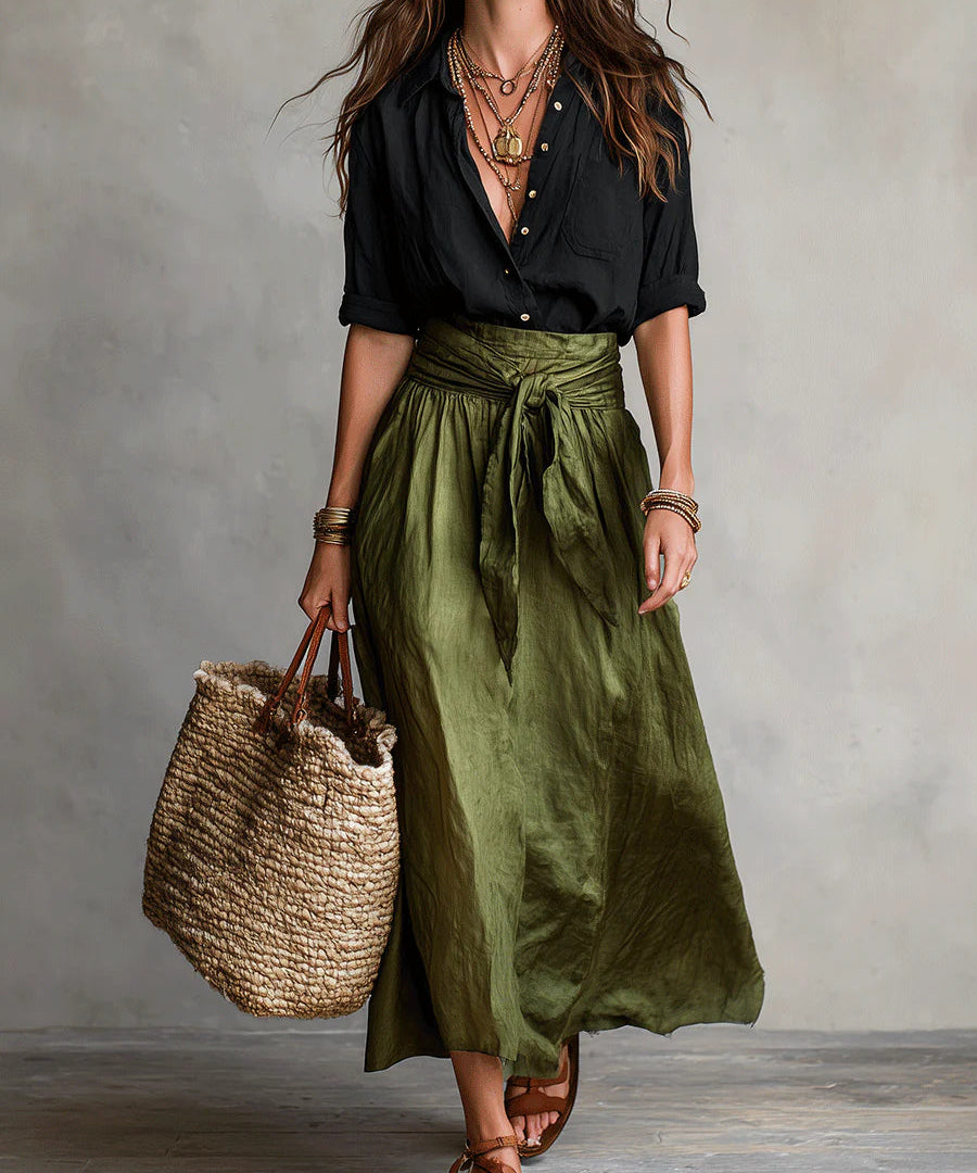 Vera - Two-Piece Set: Black T-Shirt and Olive Green Midi Skirt