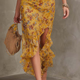 Emma - Ginger Yellow Floral Halter Neck Fitted Waist Chiffon Midi Dress