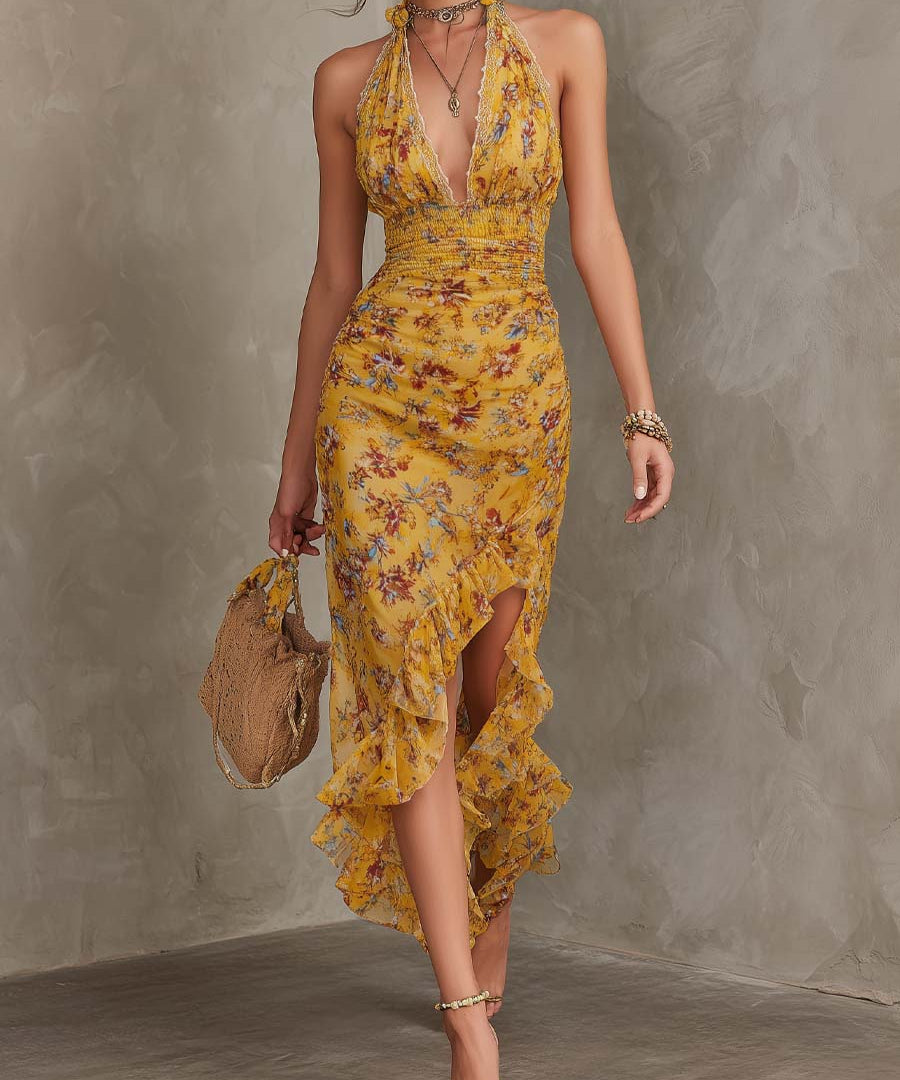 Emma - Ginger Yellow Floral Halter Neck Fitted Waist Chiffon Midi Dress
