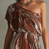Rosa - Boho One-shoulder Irregular Marble Abstract Print Chiffon Midi Dress