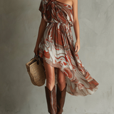 Rosa - Boho One-shoulder Irregular Marble Abstract Print Chiffon Midi Dress