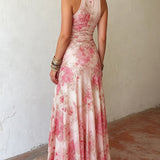 Katty - Pink Floral Chiffon Pleated Print Sleeveless Midi Dress