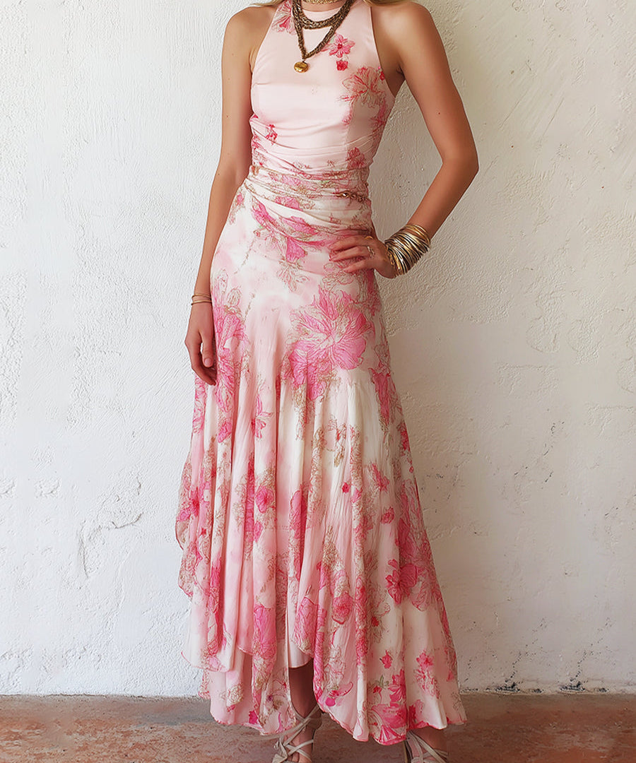 Katty - Pink Floral Chiffon Pleated Print Sleeveless Midi Dress