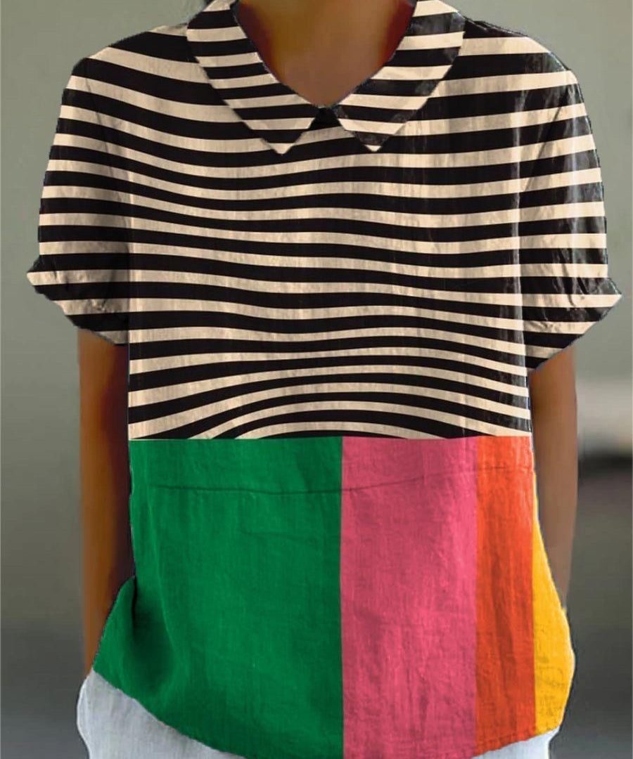 Eva - Bold Striped Blouse with Color Block