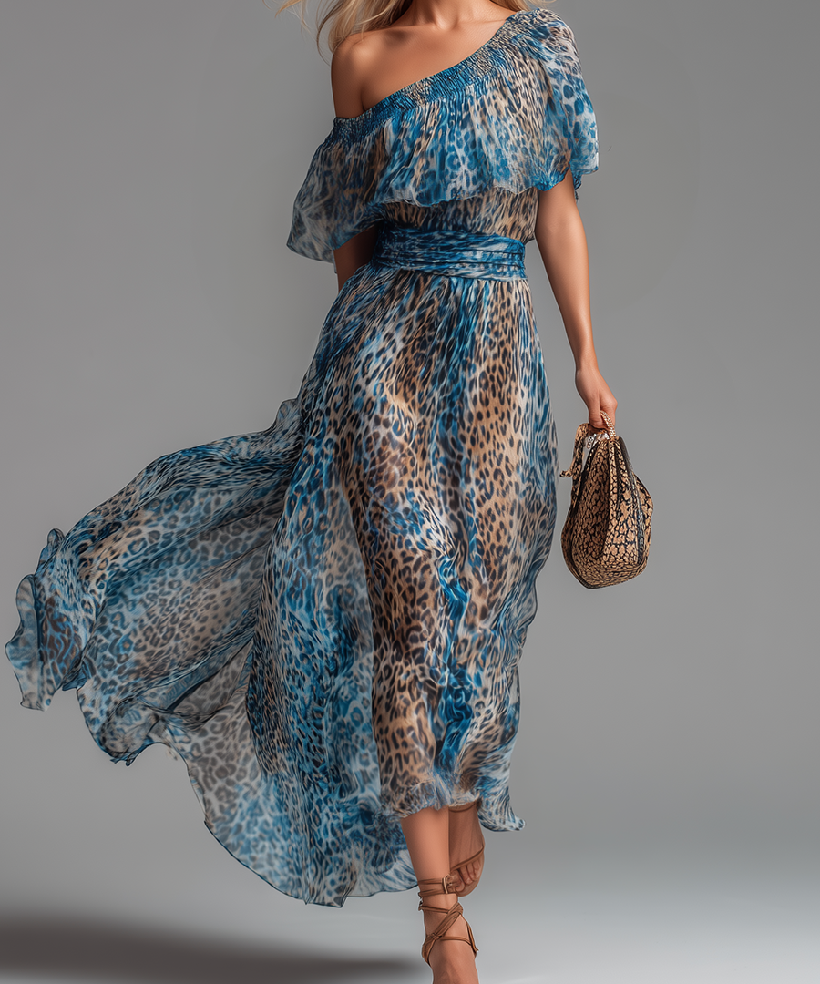 Wild - Long chiffon dress with leopard print and bare shoulders