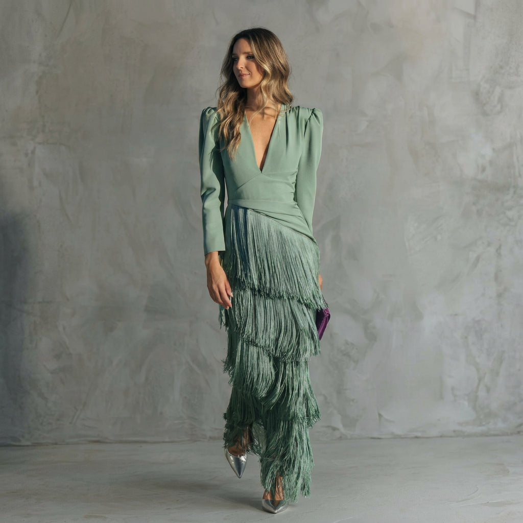 Gabrielle - Long Fringe Dress with V-Neck