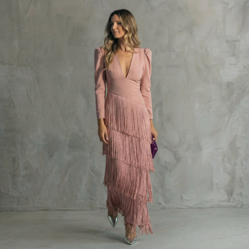 Gabrielle - Long Fringe Dress with V-Neck