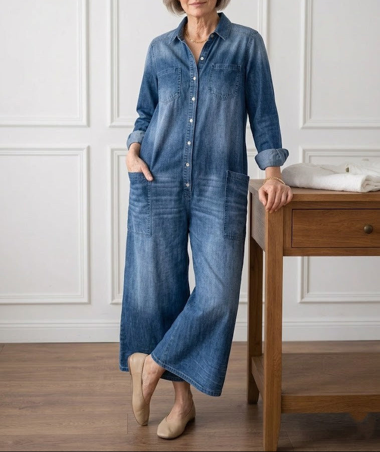 Diana | Vintage Mosott Puha Pamut Farmer Overall Gombos Záródással