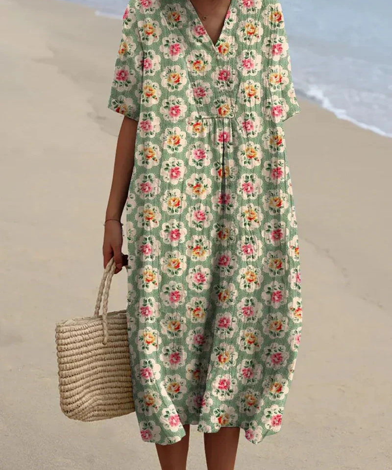 Eulalia - Retro Floral Dress in Aqua Green